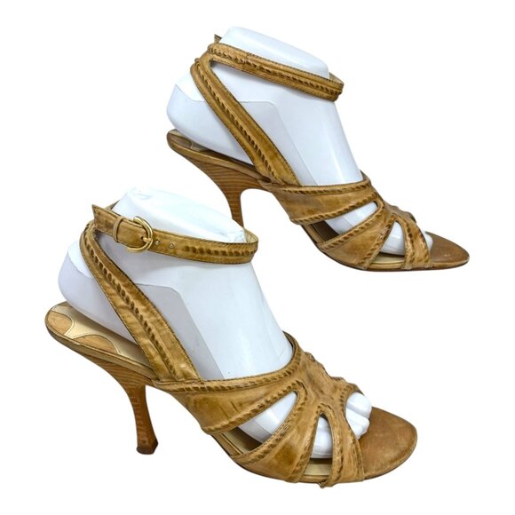 Max Studio Sabrina Tan Rustic Leather Ankle Strap Heeled Sandals - Picture 5 of 11